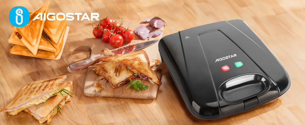 Sandwichera XXL para 4 sándwiches, revestimiento antiadherente, calentamiento rápido, indicador LED, libre de BPA, 1400 W