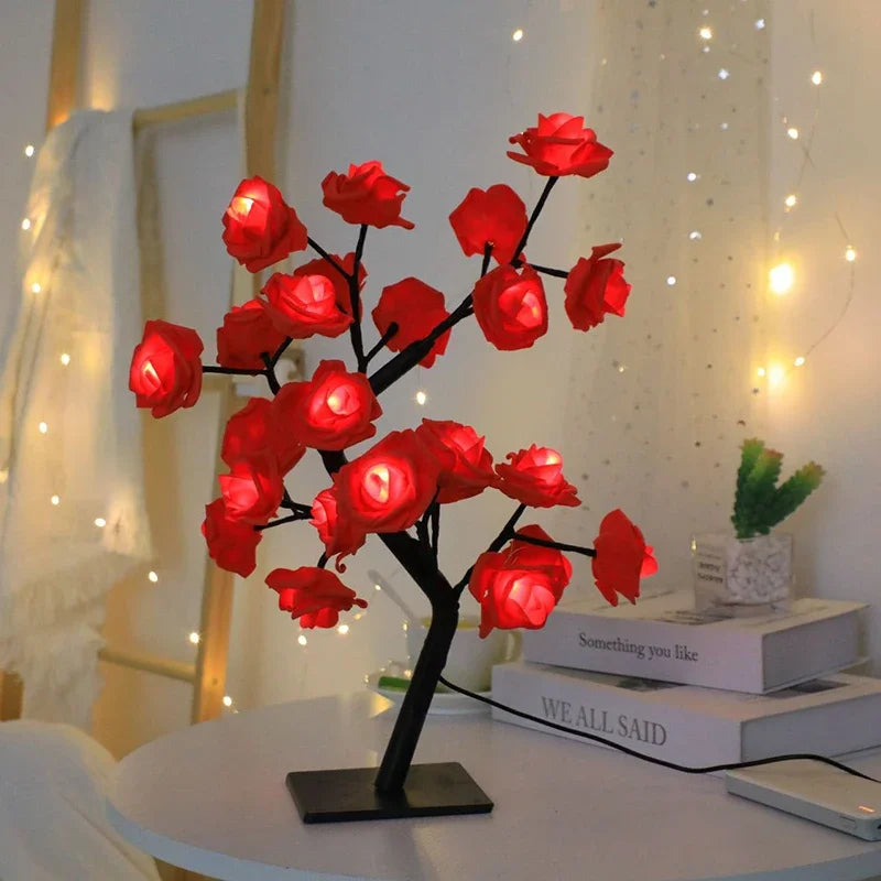 Lámpara de mesa con 24 luces LED de rosas rojas en forma de árbol, luz nocturna de hadas con forma de flor para decoración del hogar, fiestas, Navidad, bodas y dormitorios. Regalo ideal.