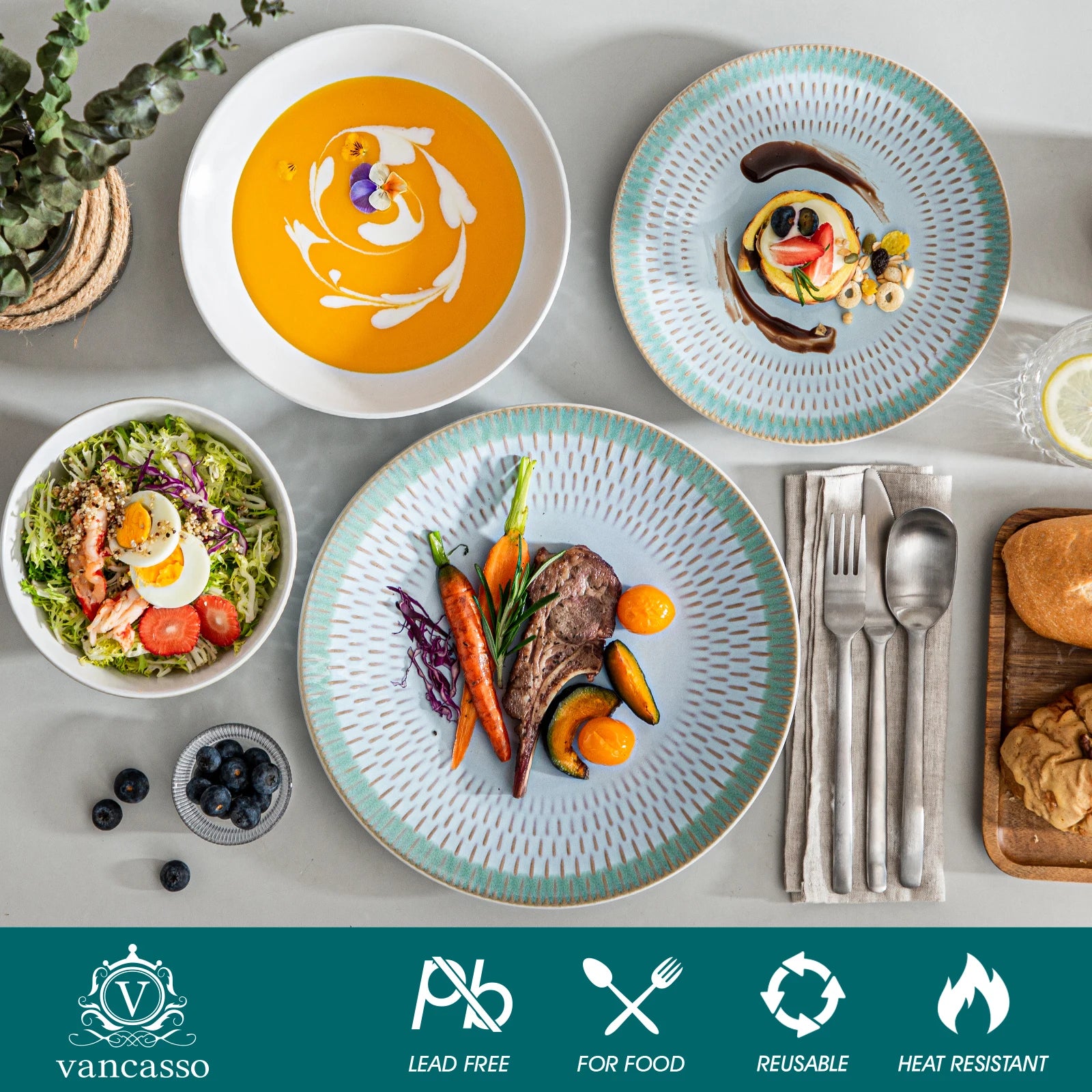 Juego de vajilla de cerámica verde repujada MALACASA de 16 piezas, que incluye platos llanos, platos de postre, cuencos para sopa y tazas, para 4 personas.
