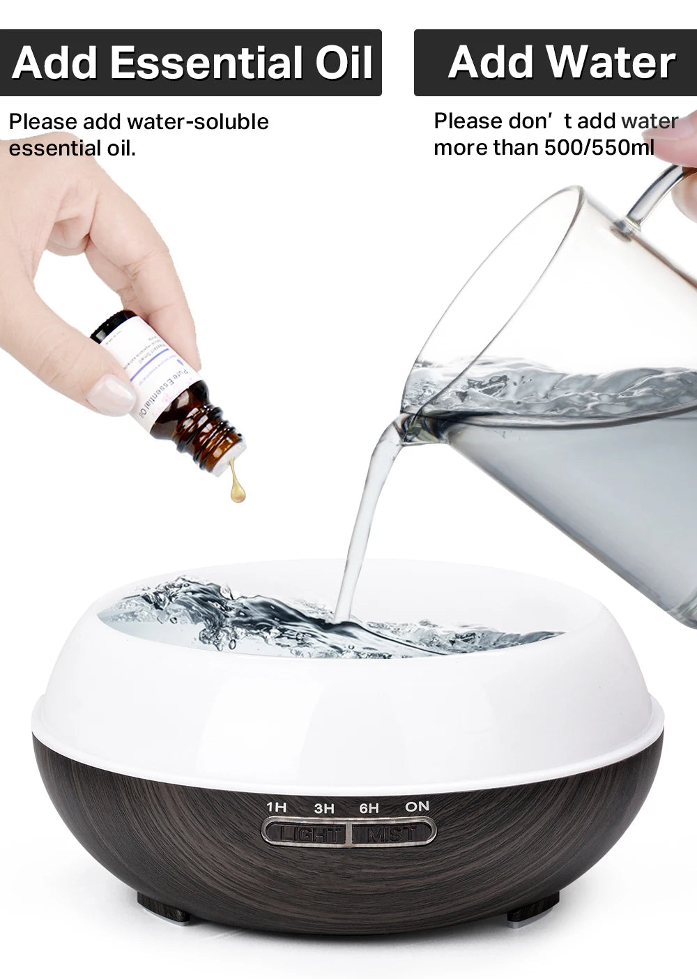 Difusor de aceites esenciales para aromaterapia con acabado de madera, control remoto, humidificador de aire ultrasónico, luz LED de 7 colores.