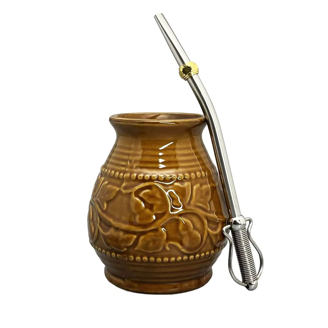 1 juego/lote de tazas de cerámica para yerba mate de 250 ml con relieve de calabaza. Incluye bombilla, filtro, pajita y cepillo de limpieza. ¡Gran oferta!