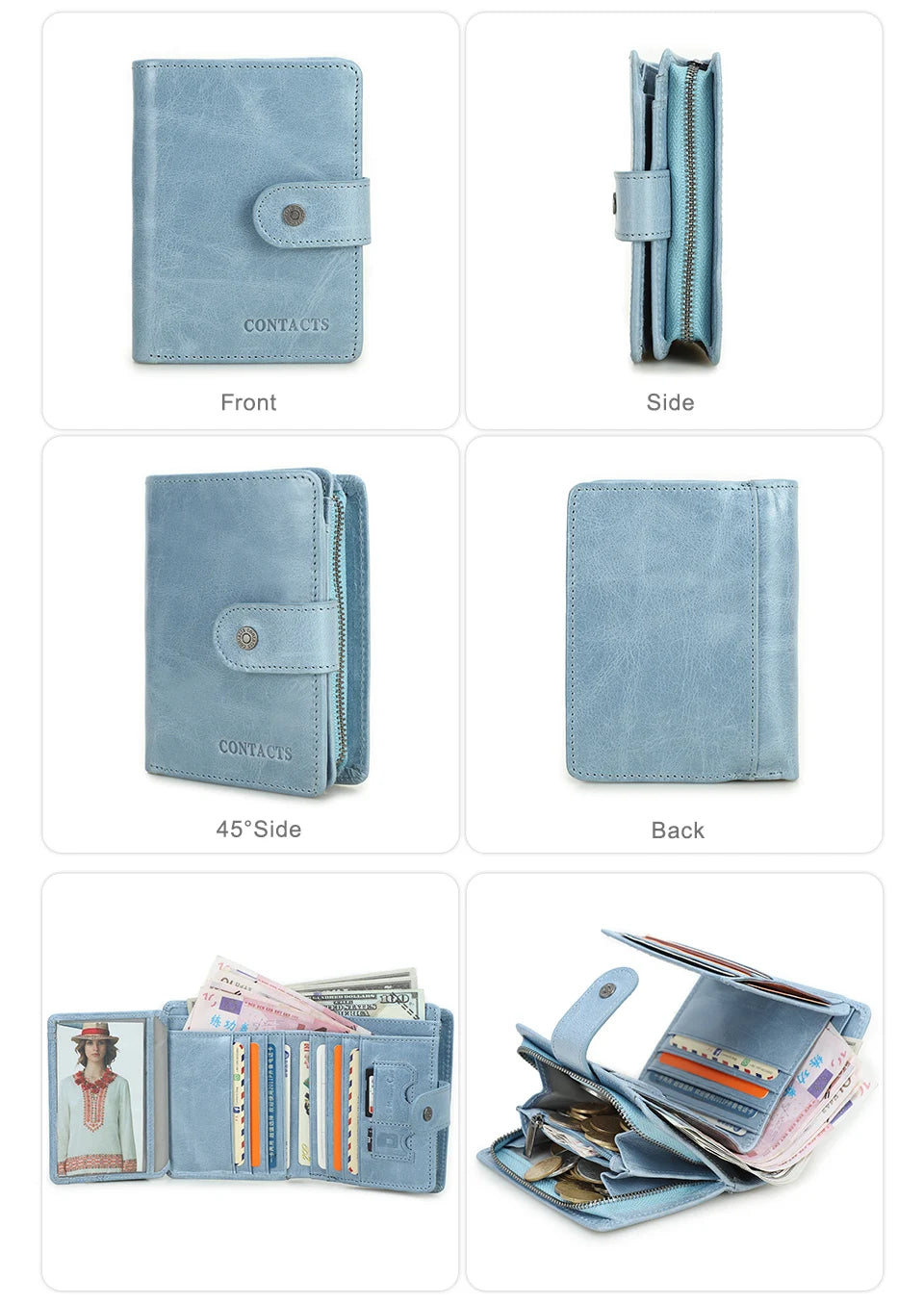 Carteras de cuero genuino Contact'S para mujer y hombre, cartera corta pequeña con bloqueo RFID, tarjetero, monedero rojo para mujer
