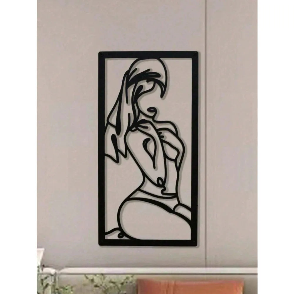 Decoración de pared de metal con arte lineal minimalista de mujer, regalo moderno para el baño de la mujer.
