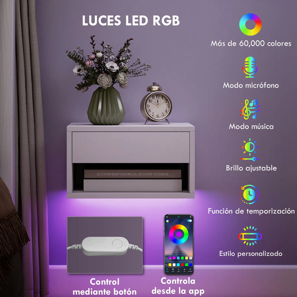 Juego de 2 mesitas de noche flotantes Homcom con luces LED RGB y control por aplicación, mesitas de noche para dormitorio con cajón y estante abierto, ideales para sala de estar, 37 x 32 x 21 cm.