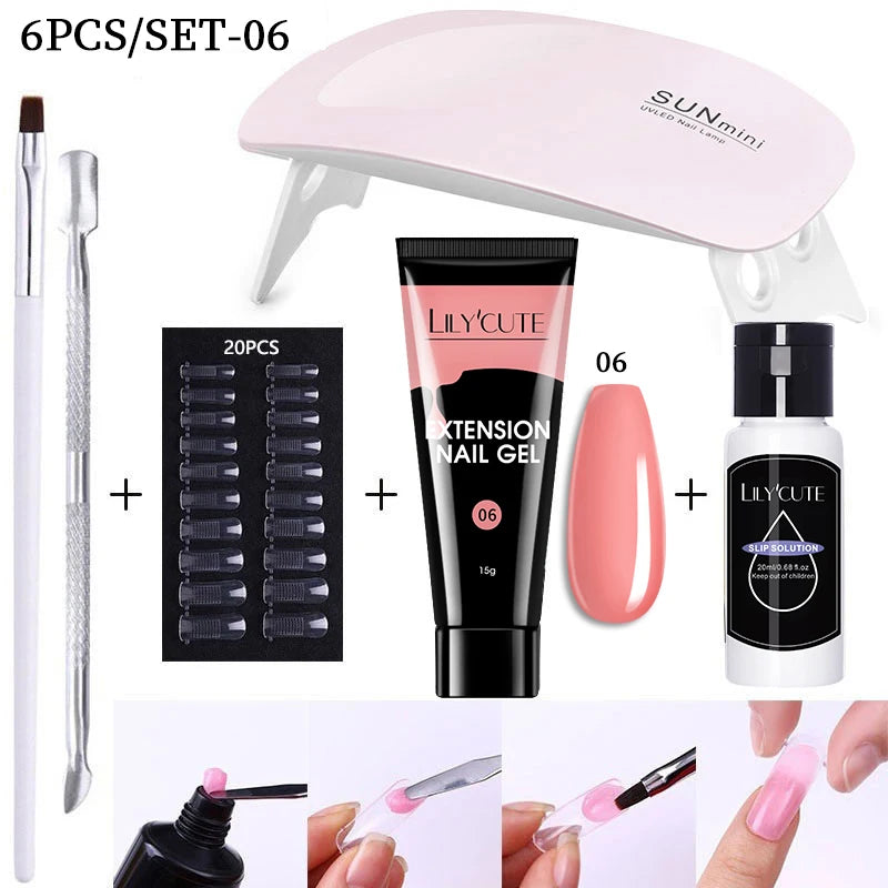 Kit de gel para extensión de uñas LILYCUTE de 15 ml, solución acrílica, esmalte en gel con lámpara para uñas para una rápida extensión, gel UV para uñas.