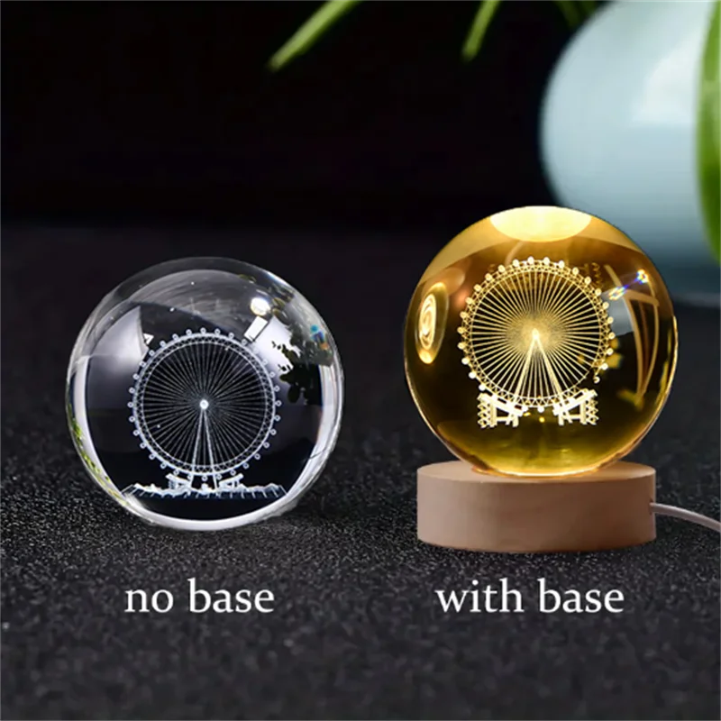 1 Pc Bola de Cristal de 6 cm Lámpara Nocturna Planeta Grabado con Láser Regalo de Cumpleaños Esfera de Vidrio Decoración de Escritorio para el Hogar con Base de Madera y USB