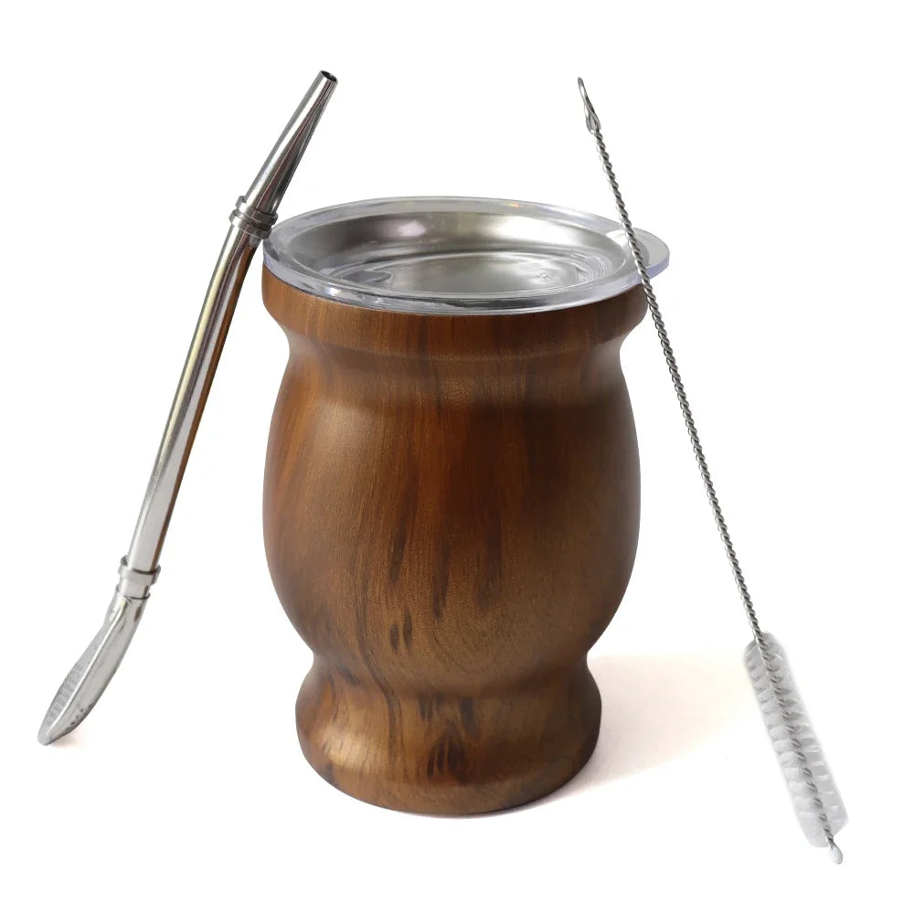 Juego de taza de yerba mate de 230 ml de acero inoxidable. Incluye cepillo de limpieza doble, pajita, taza aislante anti-quemaduras. Utensilios de té para el hogar.