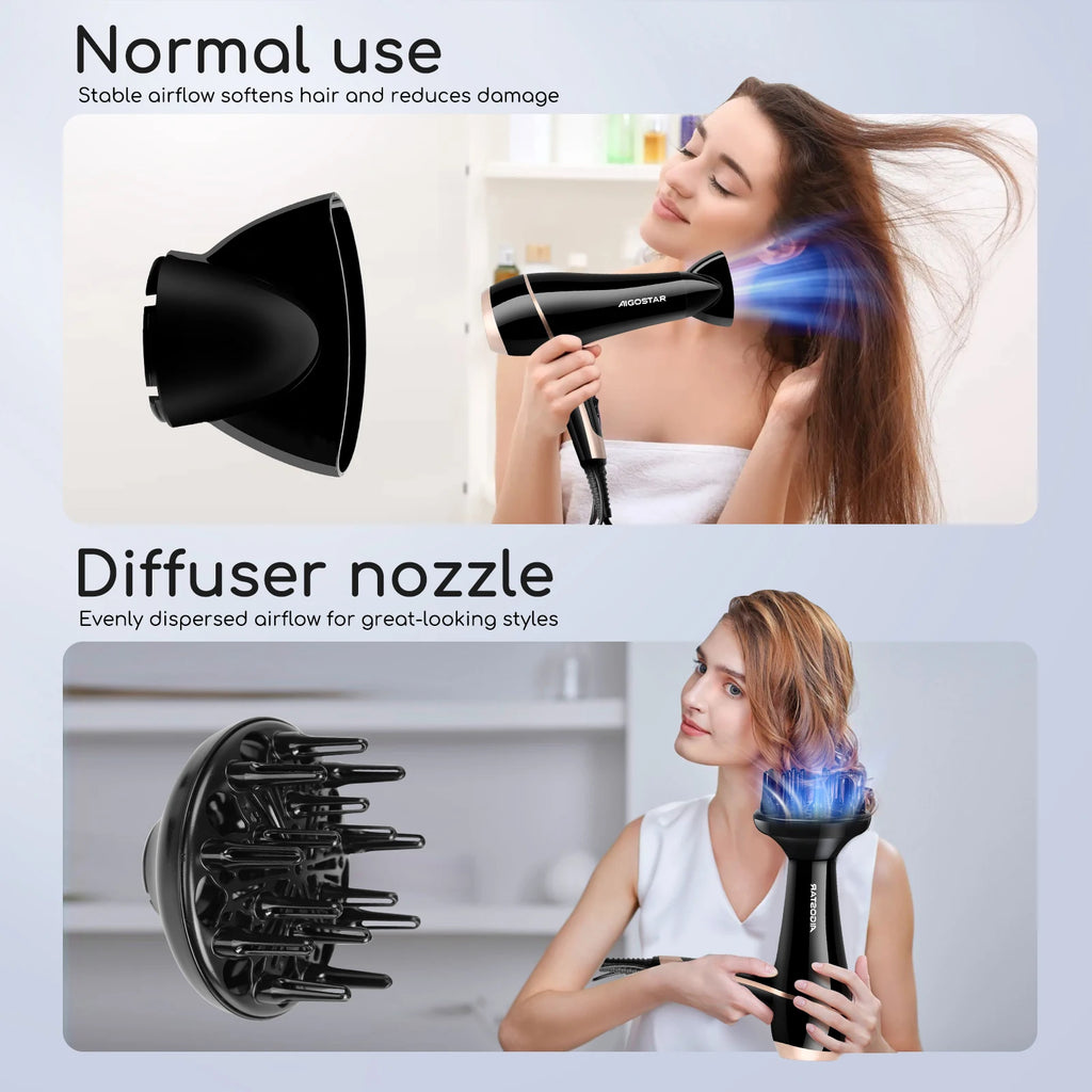 Secador de pelo profesional, iones negativos, 2 velocidades, 3 niveles de temperatura + aire frío, difusor y concentrador, 2400 W.