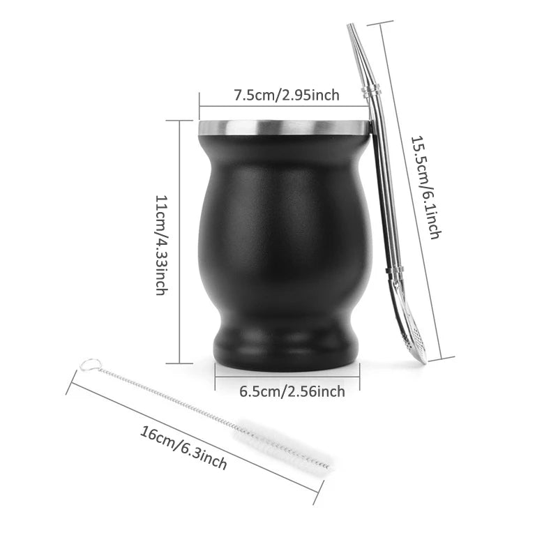 Mate de acero inoxidable de doble pared de 230 ml (8 oz) para yerba mate, incluye una bombilla (pajita) y un cepillo de limpieza.