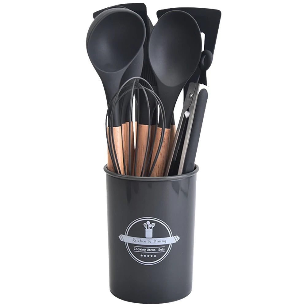 Juego de 12 piezas de utensilios de cocina de silicona antiadherentes: espátula, pala, cuchara, brocha, batidor, mango de madera.
