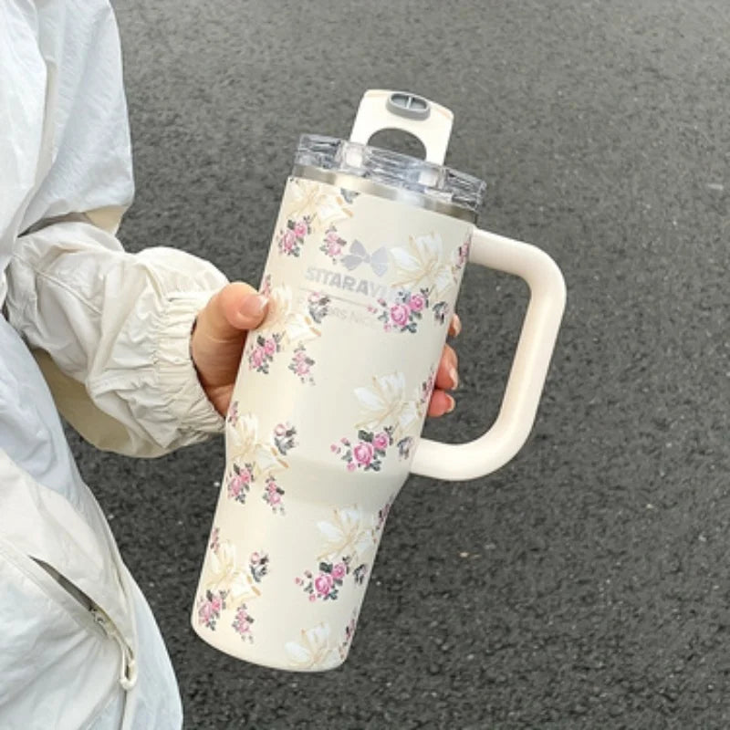 Vaso térmico de acero inoxidable con aislamiento al vacío de 900 ml con estampado floral y pajita, ideal para mantener las bebidas frías. Regalo de cumpleaños para mujeres.