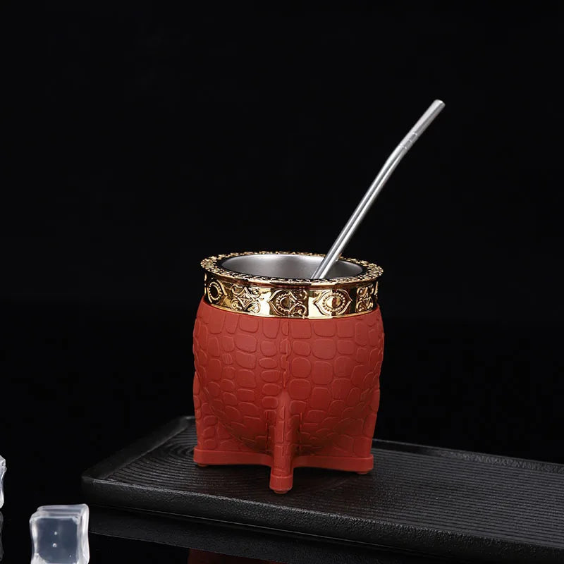 Mate de acero inoxidable de doble capa con pajita, textura de caparazón de tortuga