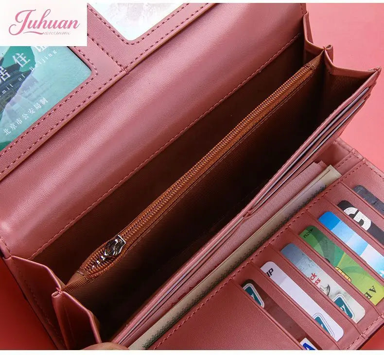 Cartera japonesa lolita para mujer, estilo casual, larga, de gran capacidad, con lazo, plegable, con tres compartimentos, linda y dulce, para tarjetas.
