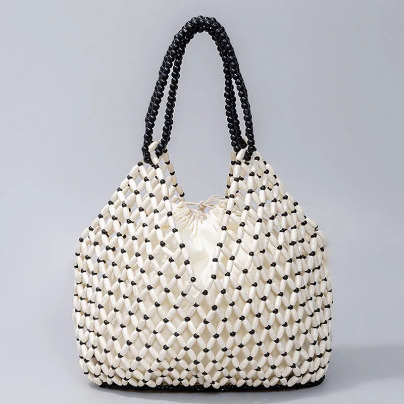 Bolso de mano tejido a mano con cuentas para mujer, exquisito bolso de hombro de madera calada con cuentas, bolso de playa femenino