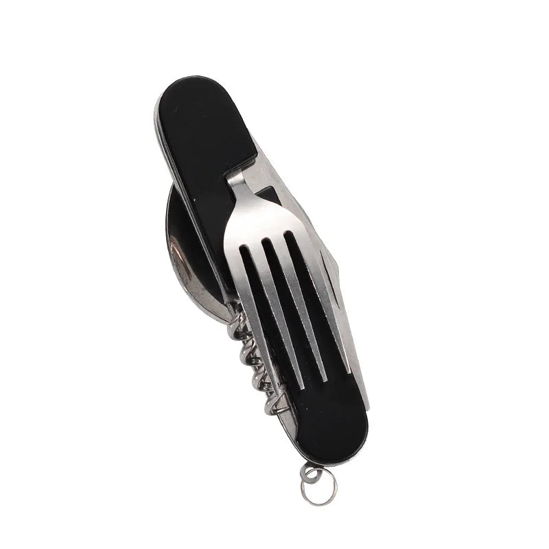 Juego de cucharas soperas 4 en 1: cuchara plegable, cuchillo, tenedor, abridor de botellas, acero inoxidable, kit de bolsillo plegable, vajilla para exteriores.