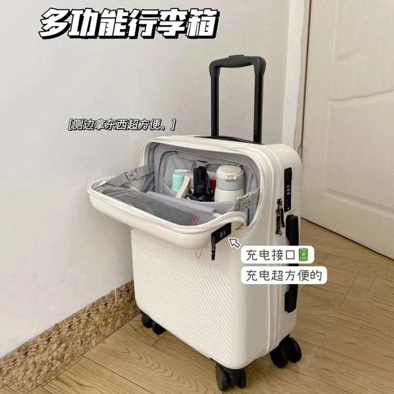 Nueva maleta de embarque con apertura frontal para hombre y mujer, 20/24/26 pulgadas, ligera, con ruedas, ideal para viajes y con carga USB.