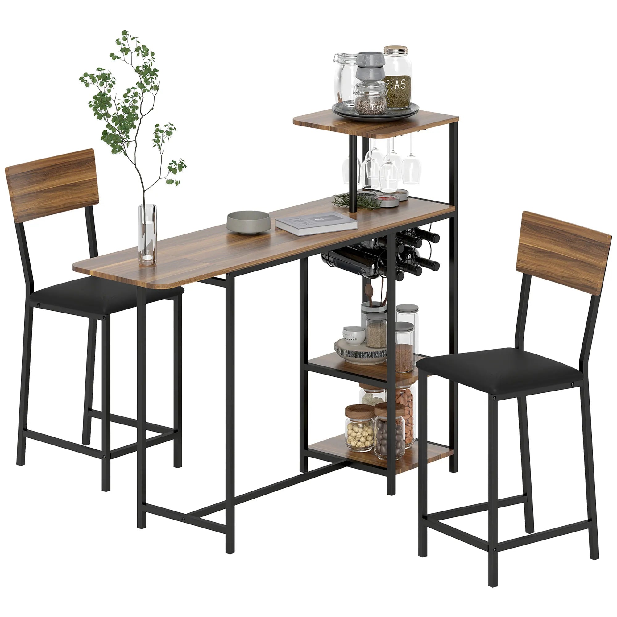 HOMCOM Conjunto de Mesa de Bar con Laterales Abatibles Soporte para Vinos y 2 Taburetes de Estilo Industrial Marrón y Negro