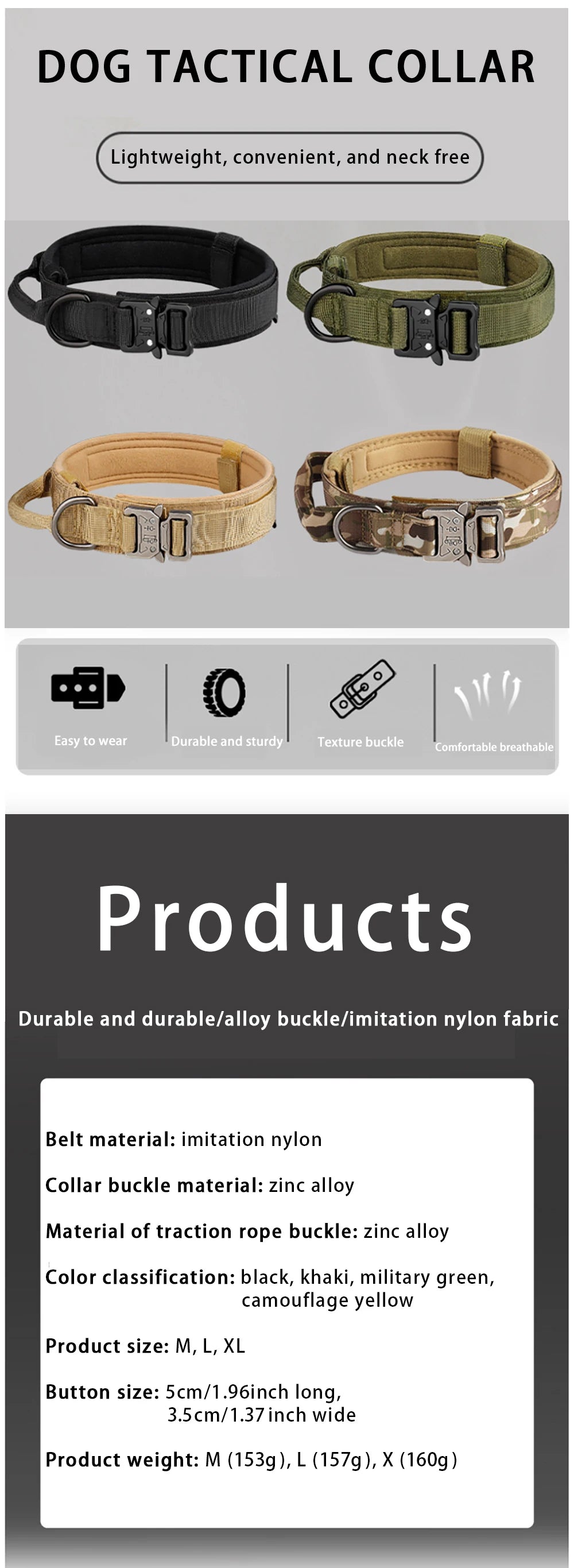 Collar táctico para perros de exterior con hebilla metálica, transpirable, de nailon, para entrenamiento de perros medianos y grandes.