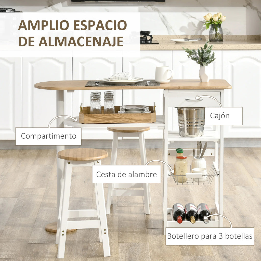 Homcom Bar Table Set with 1 Drawer 2 Shelves Removable Basket and Bottle Rack Furniture Set with 119X38.5X88.5 cm High Table and 2 Stools 29X29X55 cm for Dining Room Kitchen White