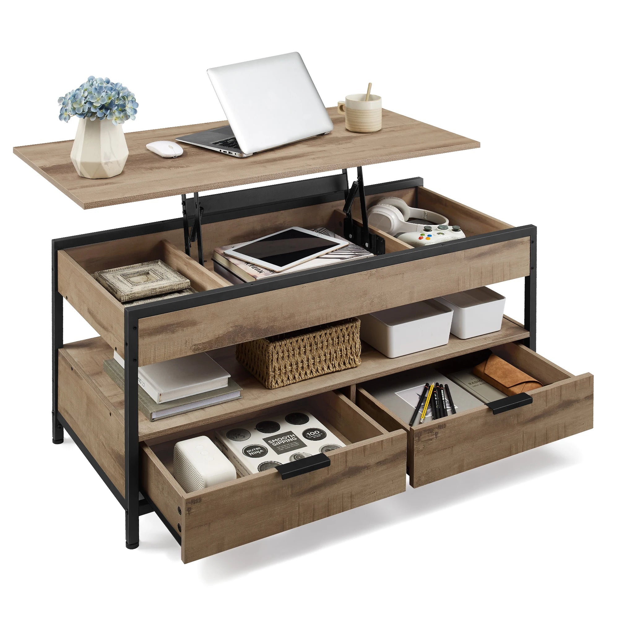 VASAGLE coffee table, height adjustable living room table, coffee table, with drawers, open compartment, 50x100 x (48-63)cm