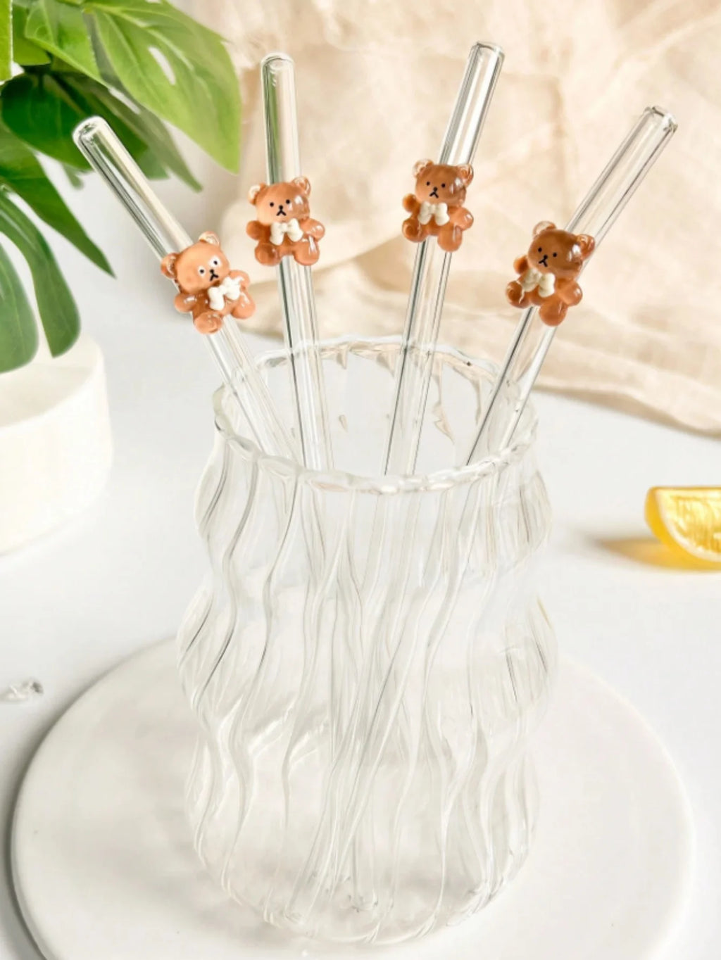 Juego de 1/5/7 pajitas de vidrio con forma de oso, pajitas curvas reutilizables para té con leche, cócteles y bebidas heladas, regalo ideal para una cita en una tienda de postres con un ambiente acogedor.