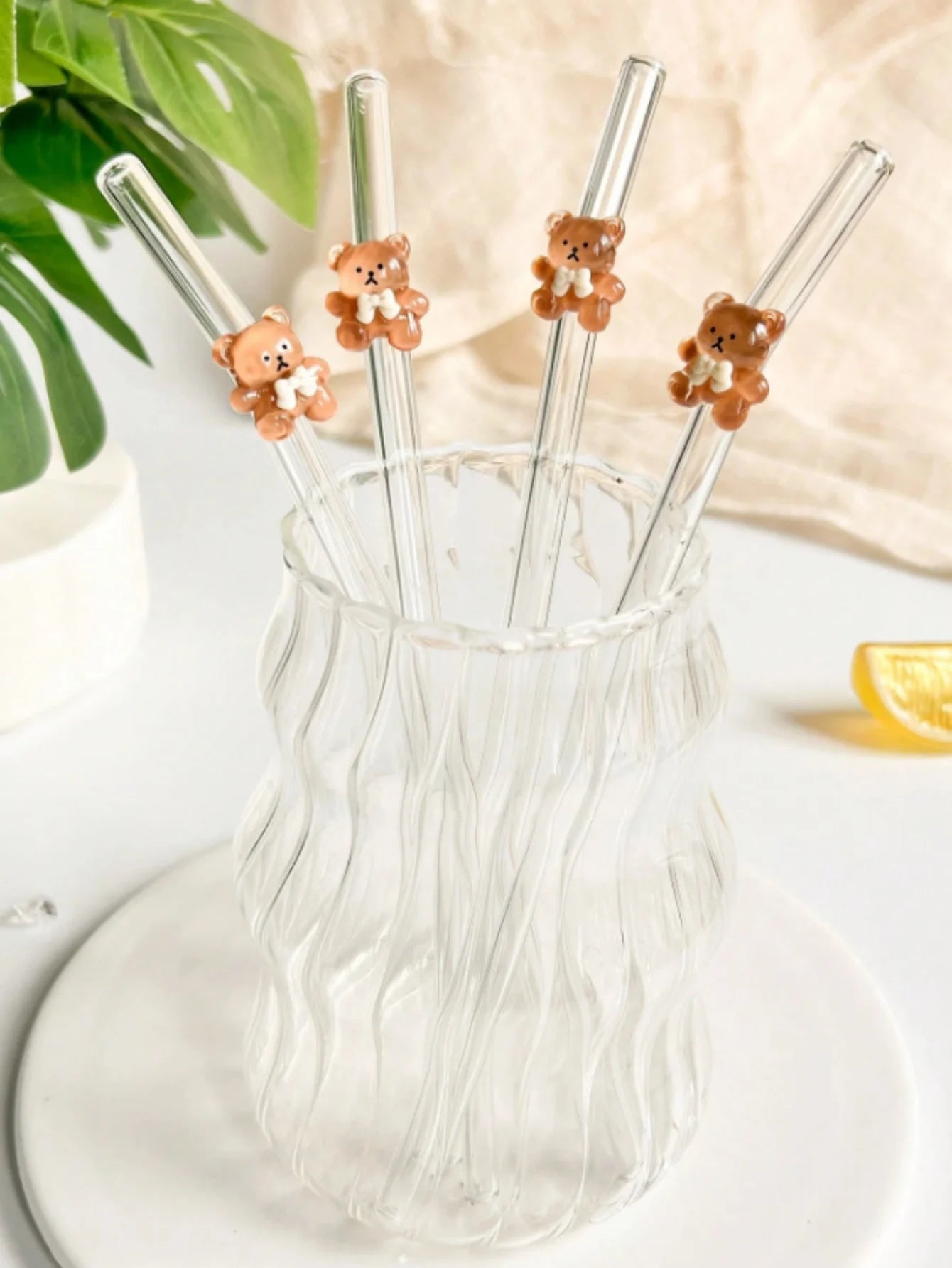 Juego de 1/5/7 pajitas de vidrio con forma de oso, pajitas curvas reutilizables para té con leche, cócteles y bebidas heladas, regalo ideal para una cita en una tienda de postres con un ambiente acogedor.