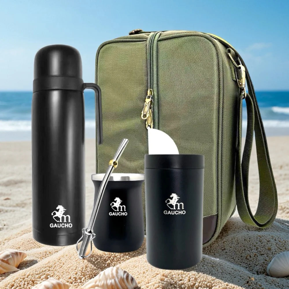 1 juego/lote de kits de viaje Gaucho Yerba Mate. Incluye termo de acero inoxidable, calabazas, bombilla, pajita y lata de té.