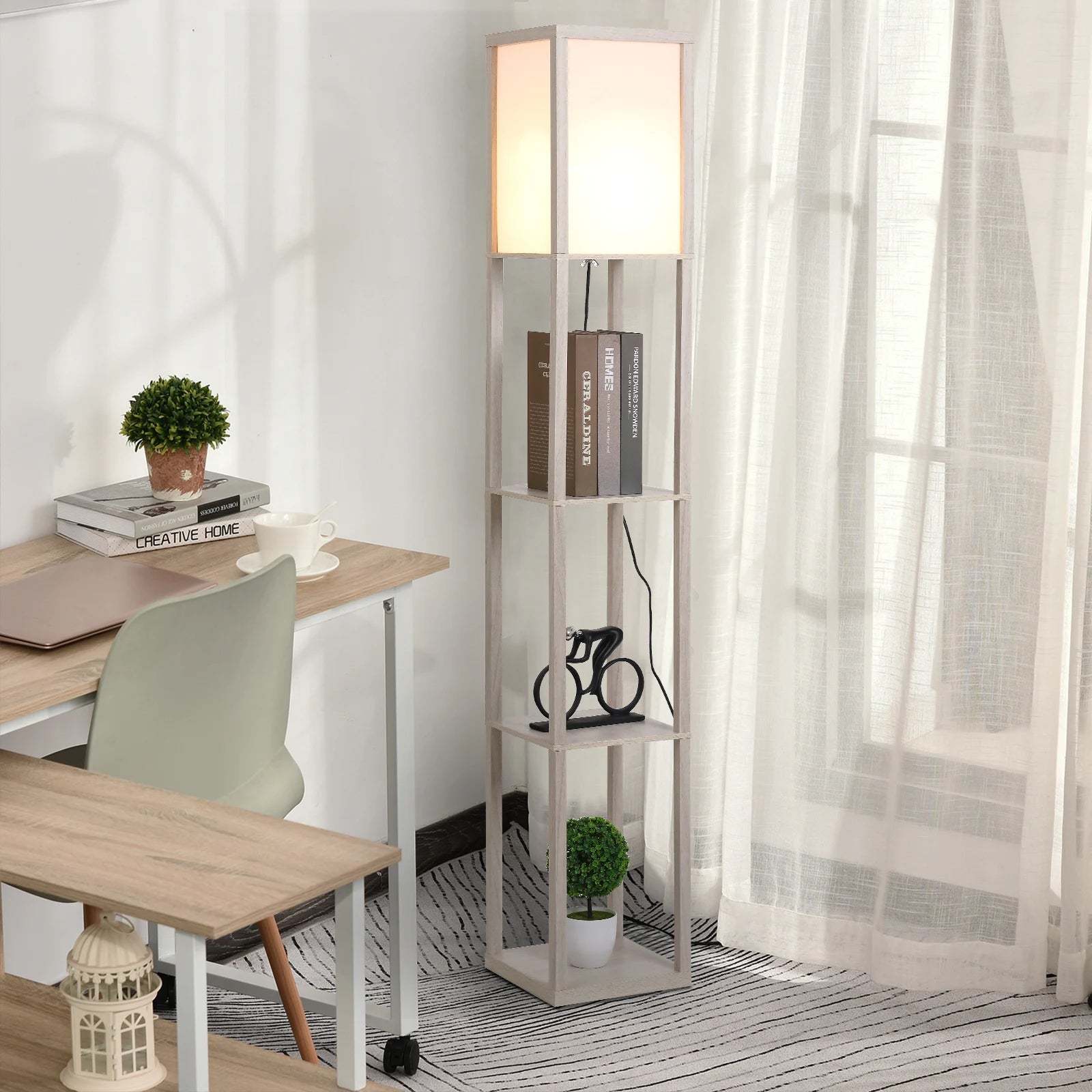Lámpara de pie Homcom con 3 estantes para bombilla E27, potencia máxima 40W, color marrón.