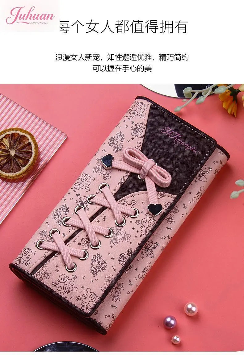 Cartera japonesa lolita para mujer, estilo casual, larga, de gran capacidad, con lazo, plegable, con tres compartimentos, linda y dulce, para tarjetas.