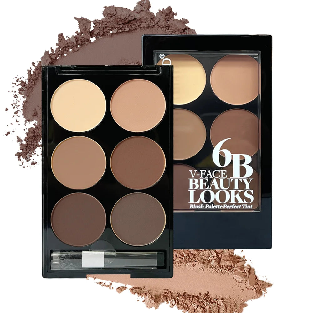 Paleta de polvos iluminadores y contorneadores de 6 colores, paleta de maquillaje en polvo para sombras y contorno facial con brocha, bronceador facial y corrector de color.