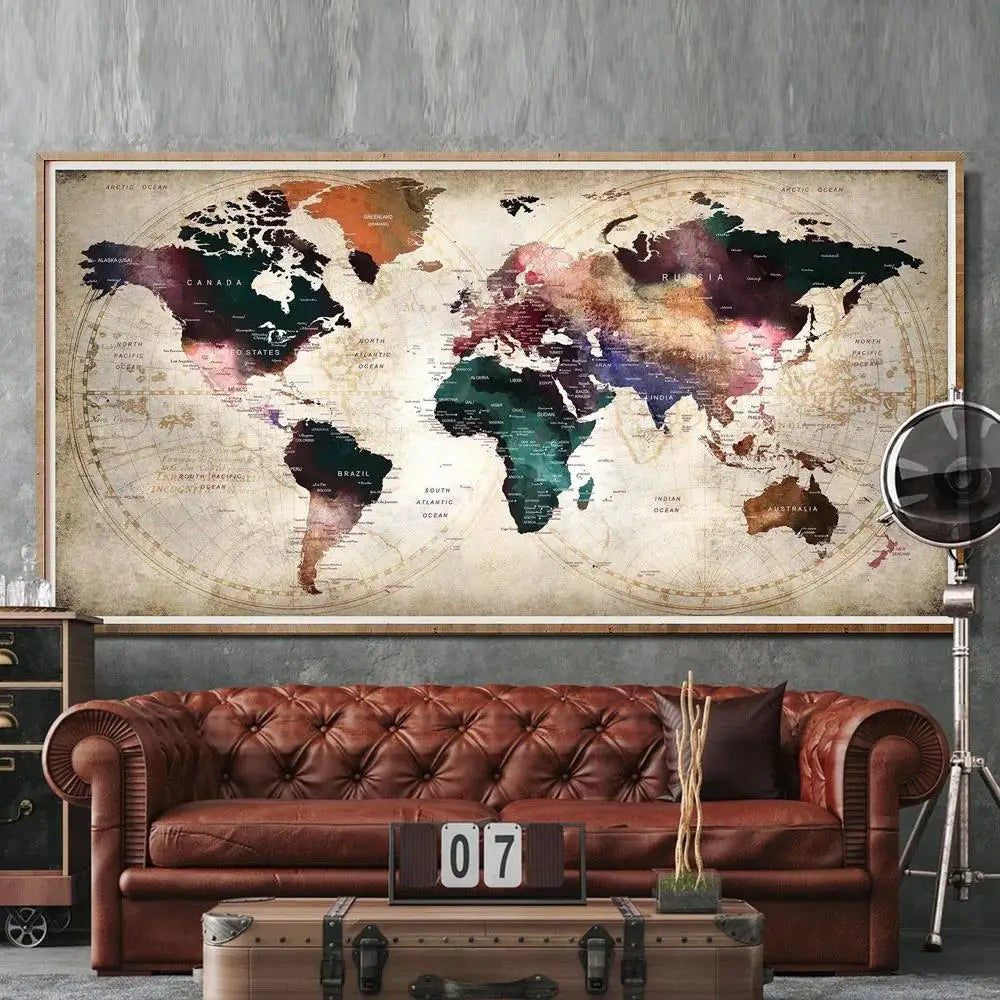 Arte en lienzo de mapa mundial moderno Póster decorativo para paredes de sala y dormitorio