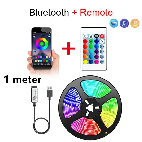 Tiras de luces LED Bluetooth inteligentes SMD 5050 con control remoto por aplicación, cinta flexible de diodos, lámpara de cinta, retroiluminación para TV, sala de juegos y decoración del hogar.
