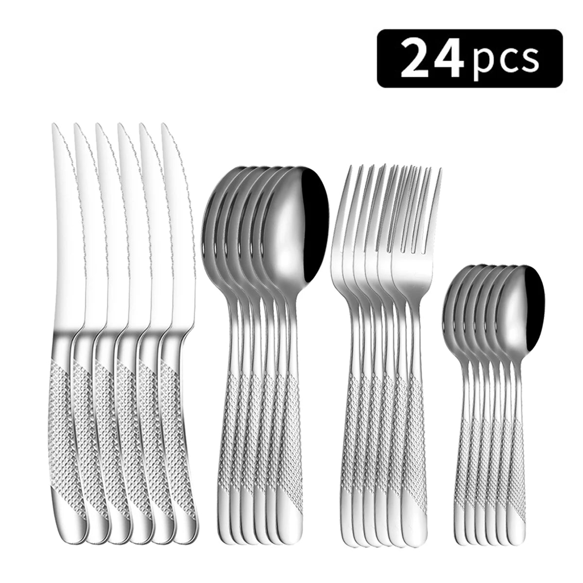 Juego de vajilla familiar de acero inoxidable de 24 piezas: cuchillo y tenedor para carne, tenedor de postre y cuchara.