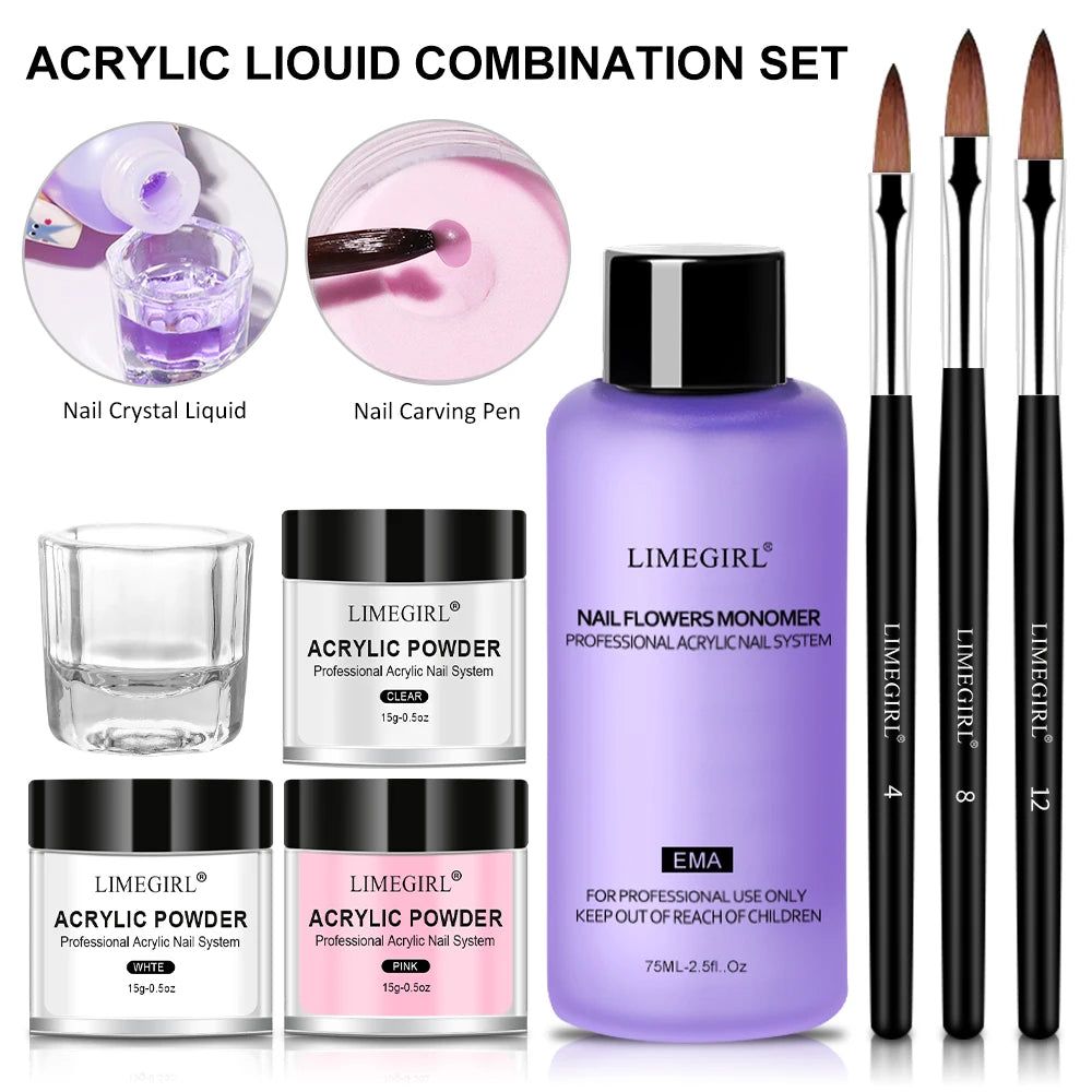 Set de polvos acrílicos y herramientas de manicura LIMEGIRL. Kit de polvos acrílicos multicolor de moda para extensiones de uñas y sutiles toques de brillo.