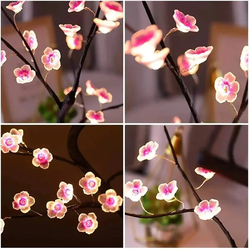 Lámpara de mesa con forma de árbol, alimentada por USB/pilas, con interruptor táctil, bonsái artificial de cerezo en flor, lámpara de escritorio LED decorativa.