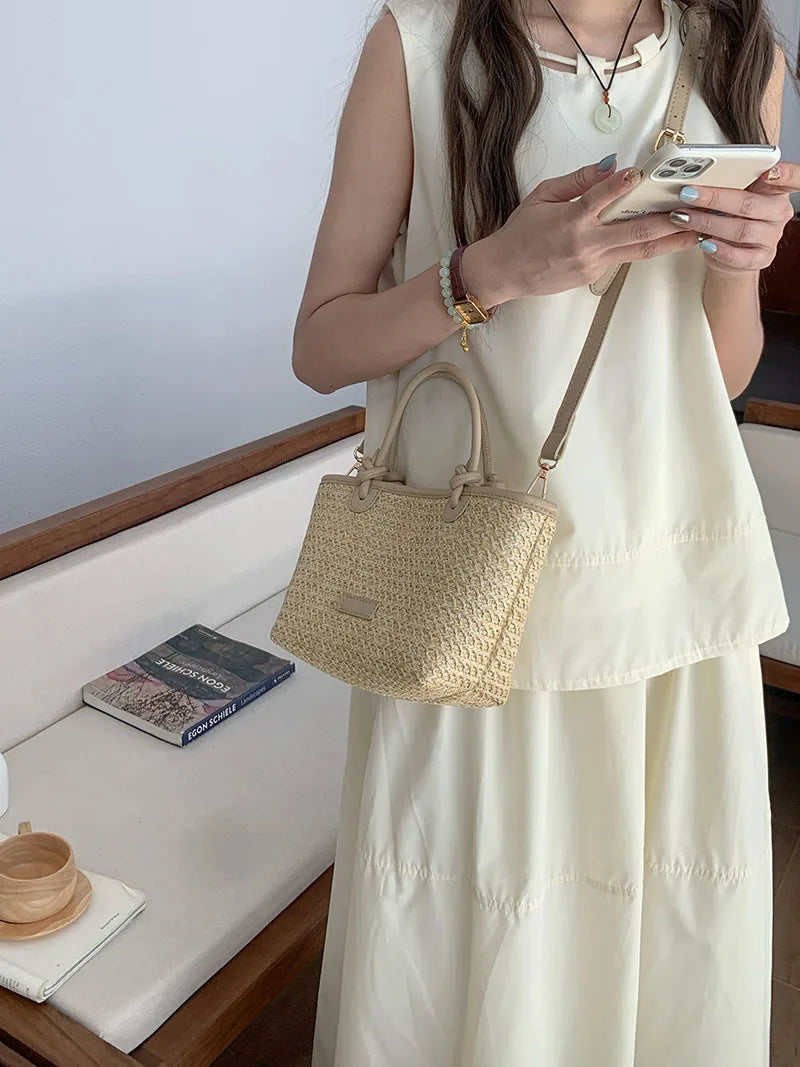 Bolso de hombro de paja para mujer, ideal para vacaciones de verano, con diseño retro. Bolsos cruzados portátiles para mujer, estilo cesta tejida.