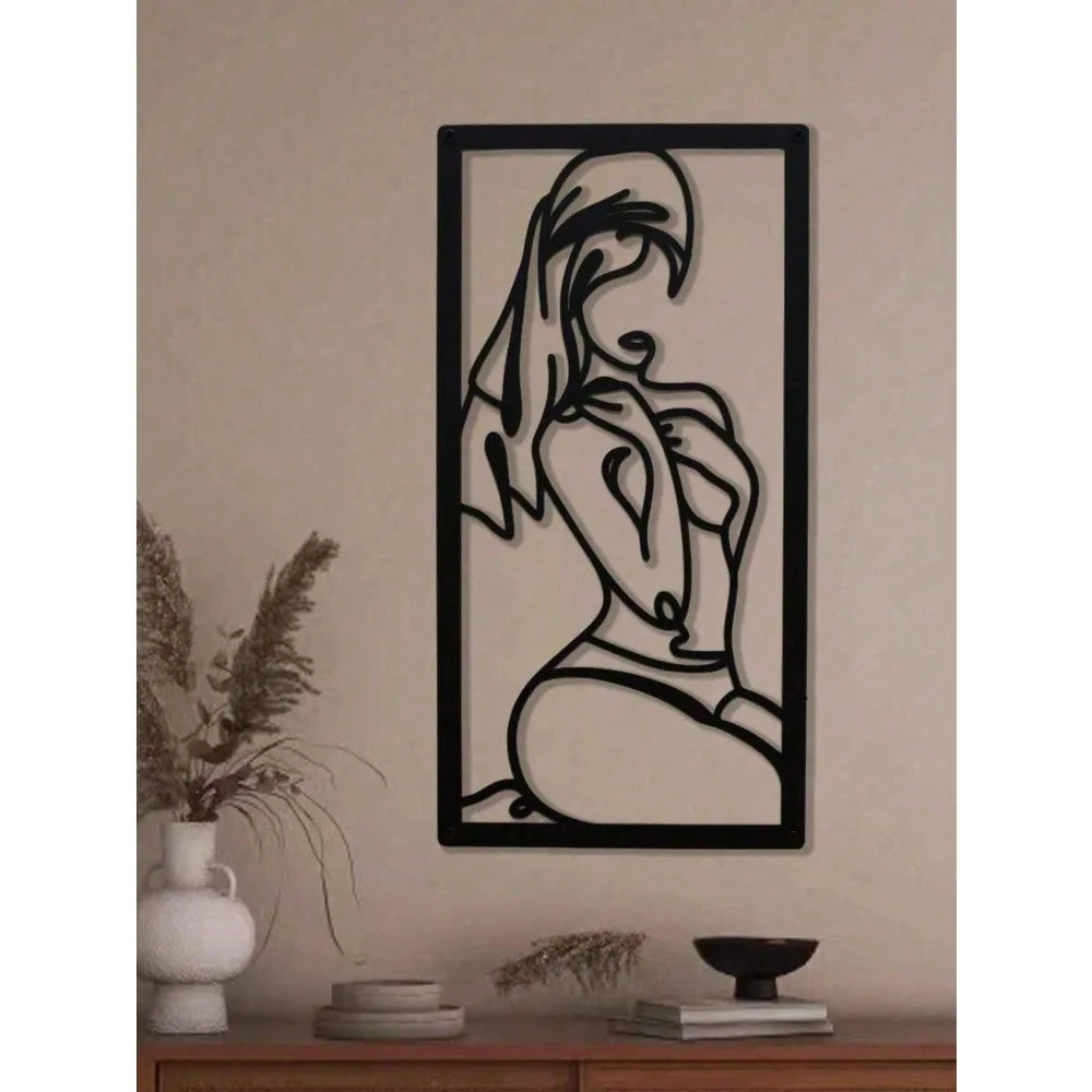 Decoración de pared de metal con arte lineal minimalista de mujer, regalo moderno para el baño de la mujer.