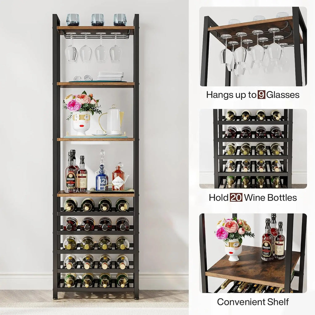 Botellero independiente de 9 niveles con soporte para copas, mueble bar multifuncional con soporte para botellas para el hogar, la cocina y el comedor.