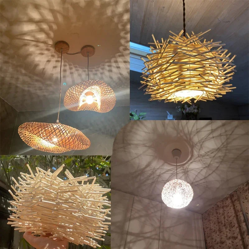 Lámpara colgante de techo de ratán, mimbre, bambú y madera, lámpara de araña colgante tejida a mano, decoración para el hogar, sala de estar y dormitorio.