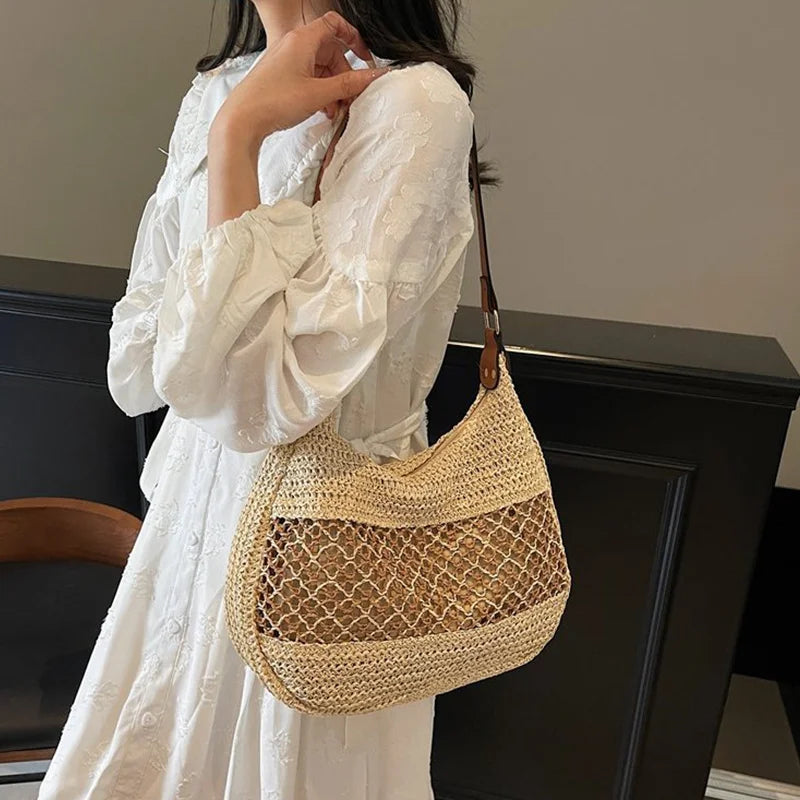 Bolso de hombro hueco para mujer con correa ajustable, tejido de paja, bolso de viaje, bolso de mano de moda, bolso de verano para uso diario.