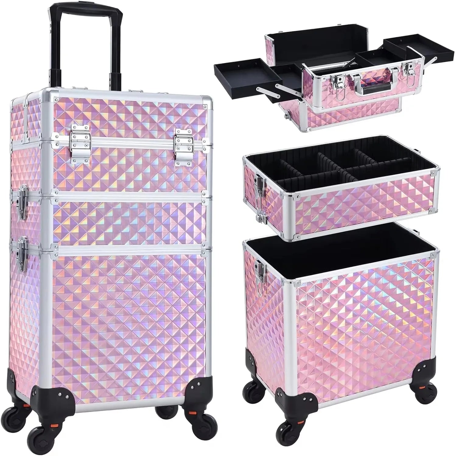 Maletín de maquillaje rodante 3 en 1, maletín de maquillaje desmontable, maletín de cosmetología con ruedas, carrito de maquillaje con cerradura de gran capacidad para salón de belleza.