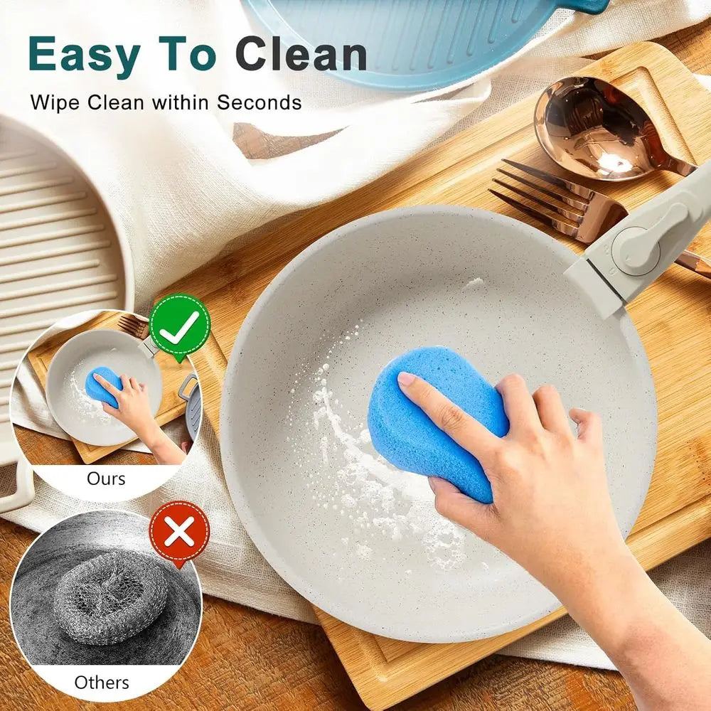 Juego de 12 piezas de utensilios de cocina antiadherentes color blanco crema con mangos desmontables, apto para inducción, lavavajillas y horno.