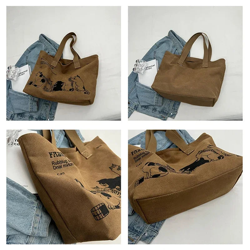 Bolsos de lona de gran capacidad, bolso de mano para mujer, bolso de hombro con estampado de gato anime y letras, bolso casual para niñas, bolso de viaje portátil grande.