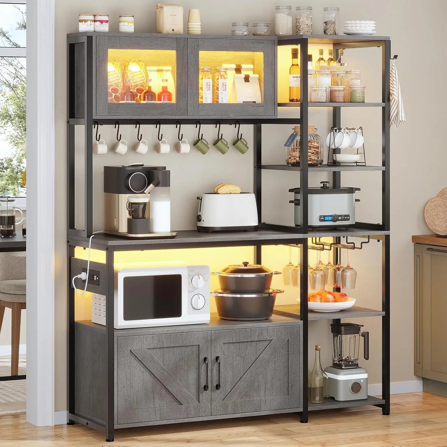 45.3 Inch Farmhouse Bakers Rack, Coffee Bar Cabinet with Power Outlet, LED Light & Microwave Storage