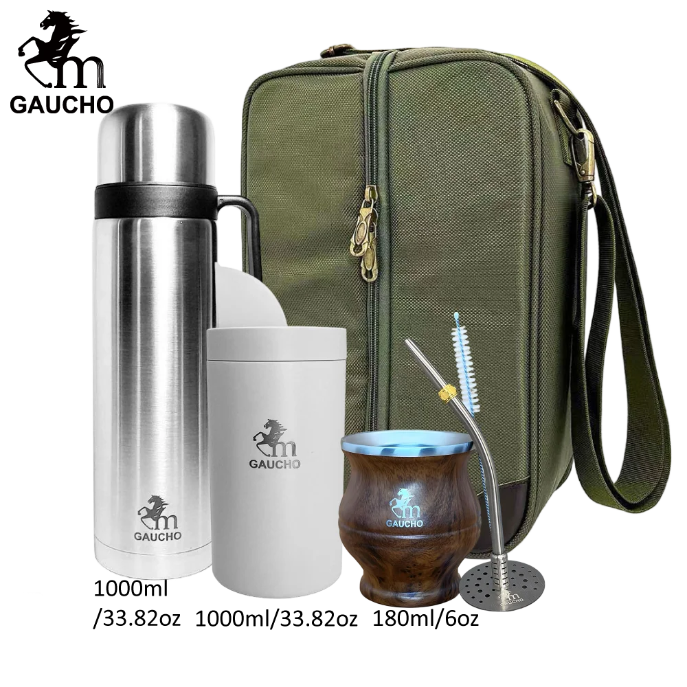 1 juego/lote de kits de viaje Gaucho Yerba Mate. Incluye termo de acero inoxidable, calabazas, bombilla, pajita y lata de té.