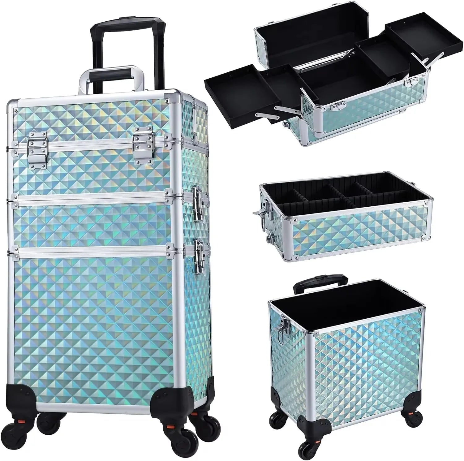 Maletín de maquillaje rodante 3 en 1, maletín de maquillaje desmontable, maletín de cosmetología con ruedas, carrito de maquillaje con cerradura de gran capacidad para salón de belleza.
