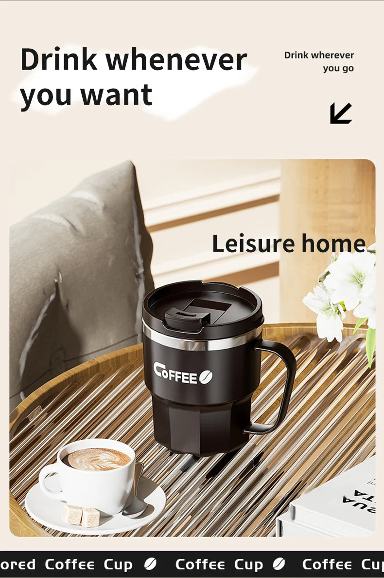 Taza de café WORTHBUY con tapa y asa, de acero inoxidable 304, para té, leche y café, con doble pared aislante y protección anti-quemaduras.
