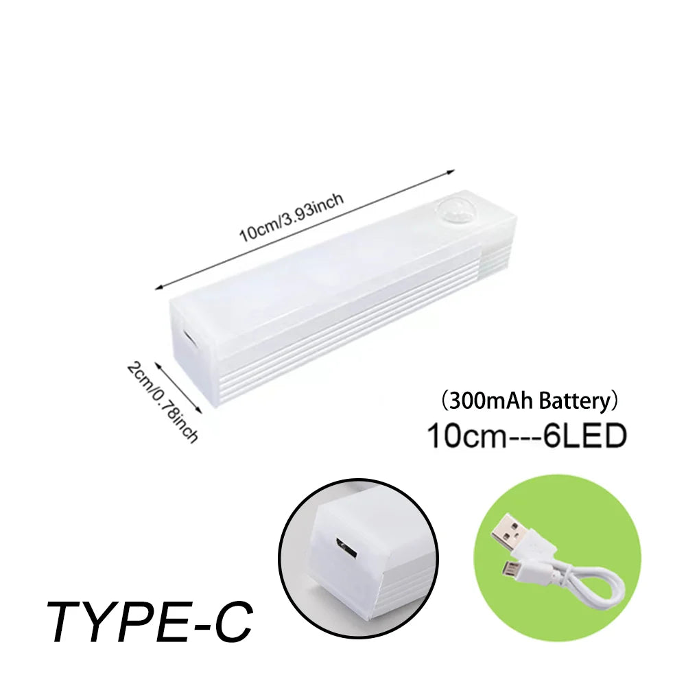 Luz con sensor de movimiento, luz nocturna LED inalámbrica, luz recargable tipo C, lámpara para armario, lámpara de armario, retroiluminación de escalera para cocina LED