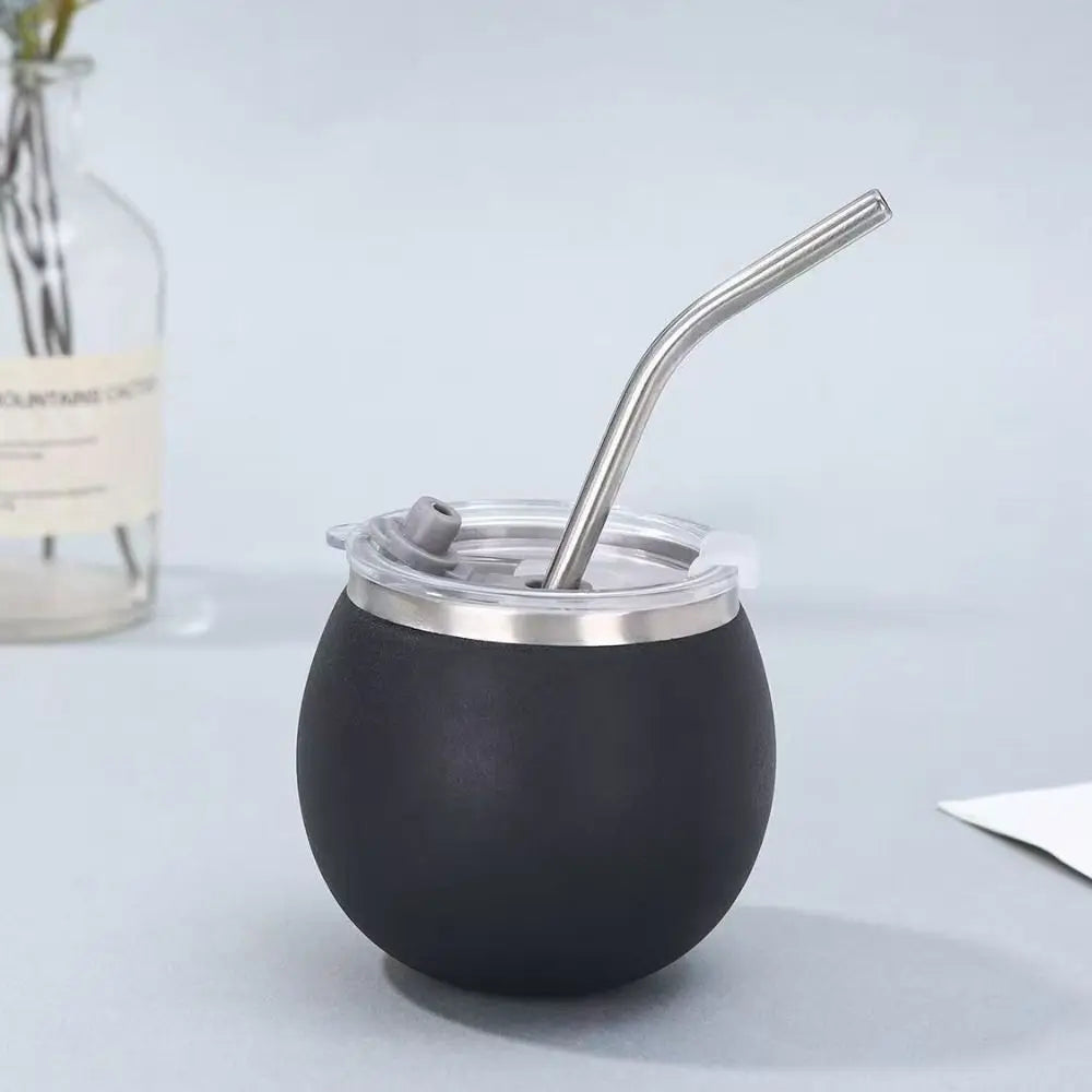 Mate argentino de doble pared de 148 ml (5 oz) de acero inoxidable con aislamiento térmico, pajita y tapa. Ideal para exteriores.