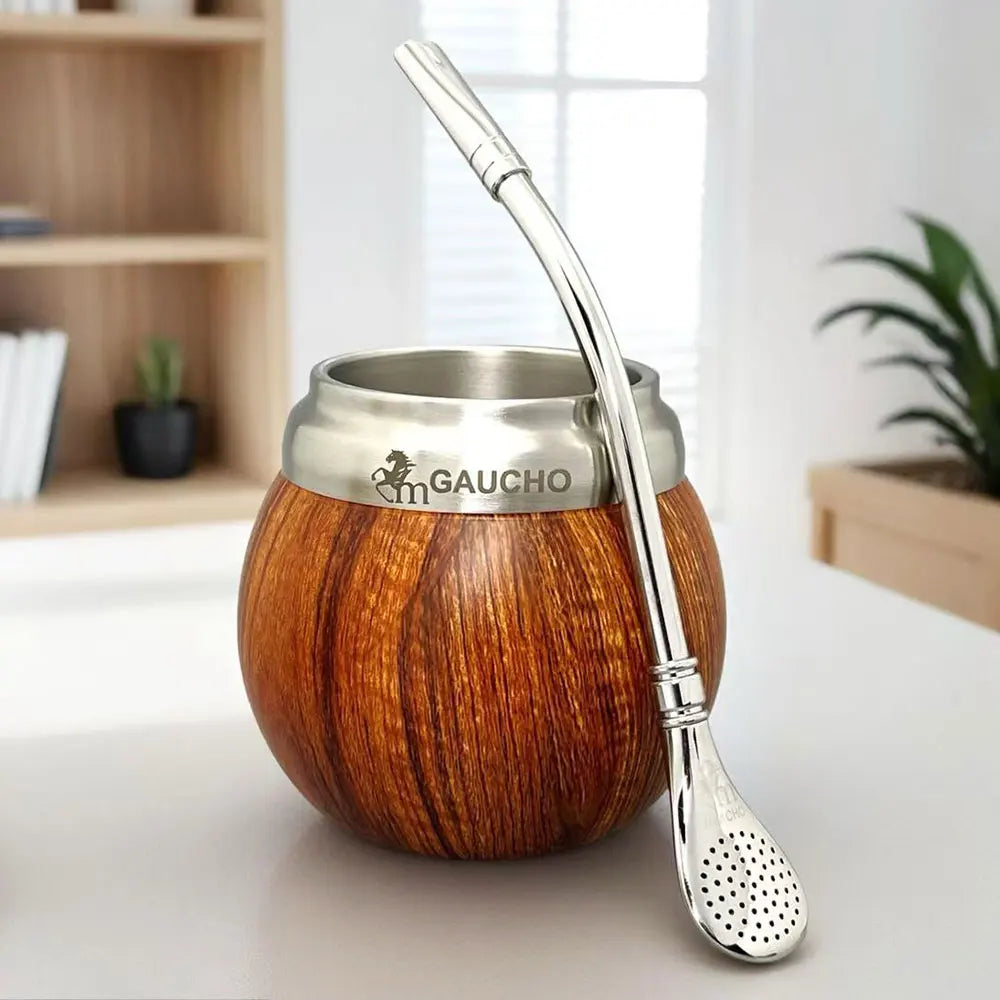 Juego de mate Gaucho Yerba Mate de acero inoxidable con forma de calabaza, 210 ml, aislamiento térmico, filtro extraíble, pajita, bombilla y cepillo de limpieza.